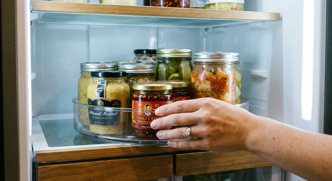 A clear rotating tray inside a refrigerator holding various jars, making items easy to reach.