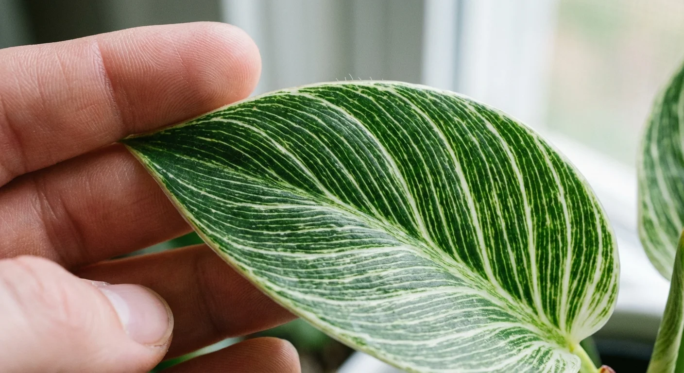 A close inspection of a Philodendron Birkin leaf for health and variegation patterns.