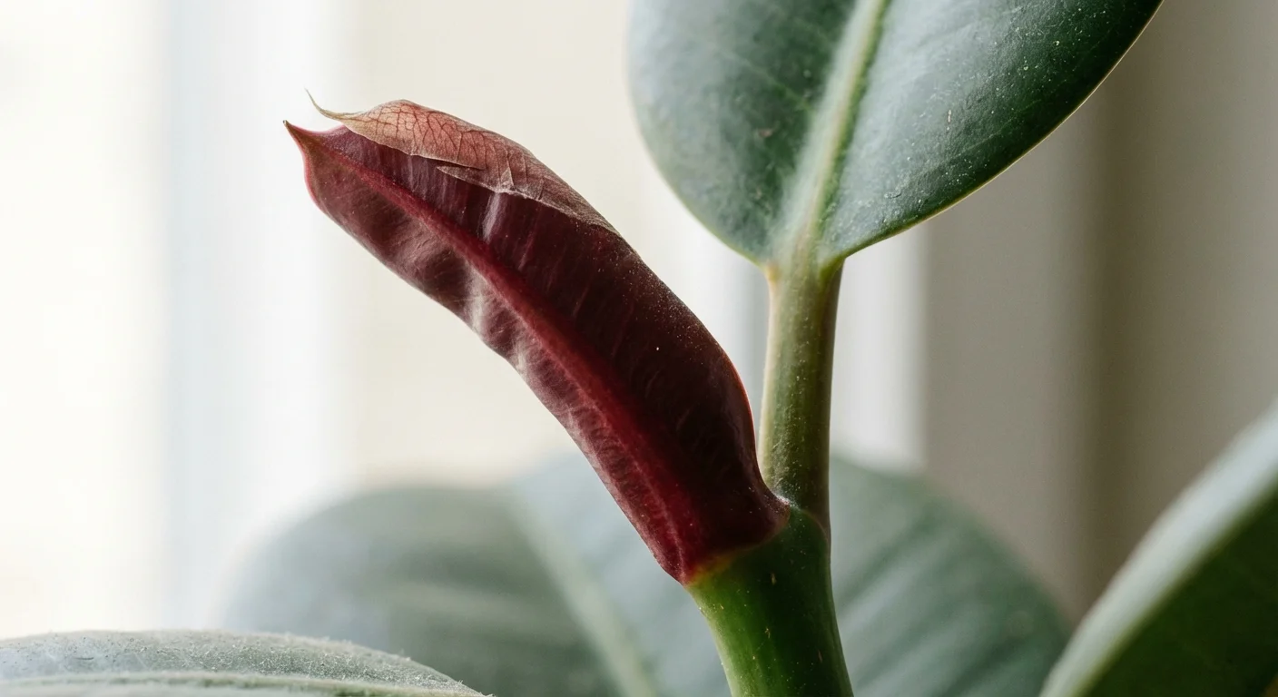 A close-up of a dormant red leaf bud on a rubber plant.