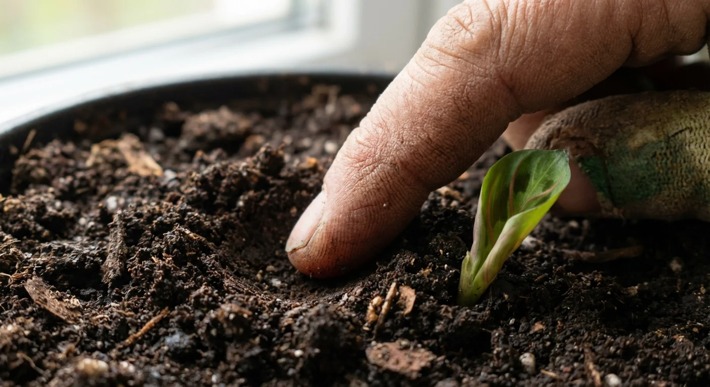 A close-up of a finger testing the moisture level of the soil in a plant pot.
