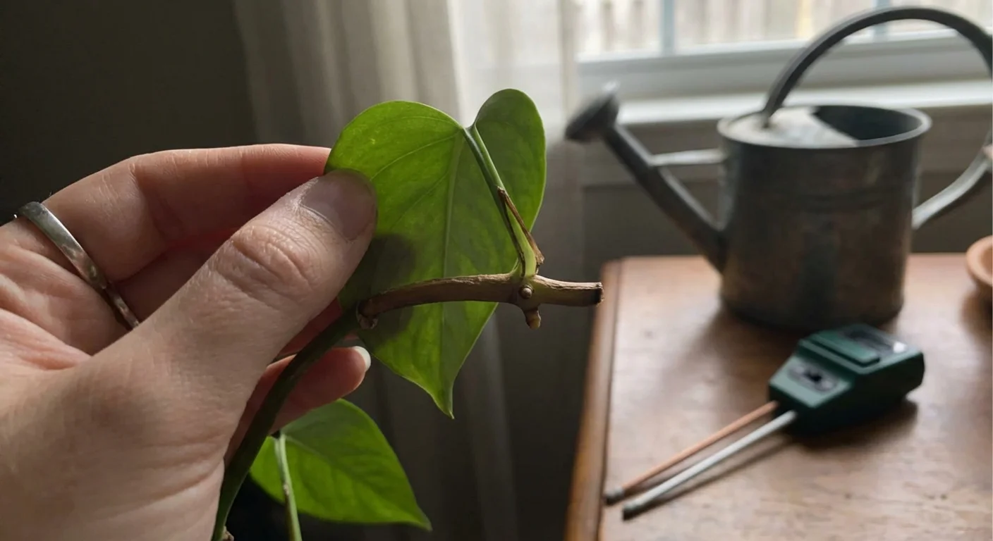 A close-up of a person carefully inspecting a Pothos cutting for signs of health or issues.