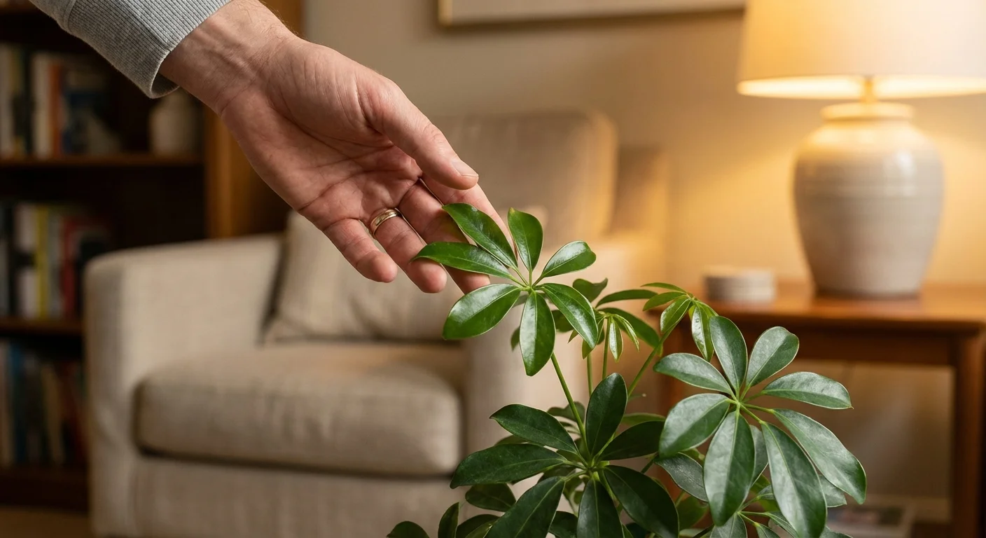 A close-up of a person inspecting a Schefflera leaf for signs of dormancy.