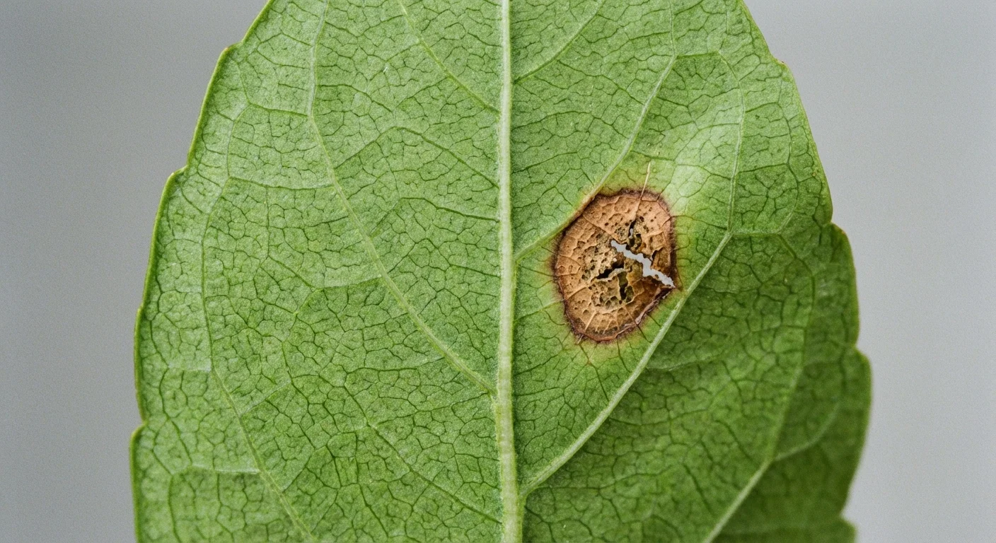 A close-up of a plant leaf with a brown spot, indicating potential care issues.