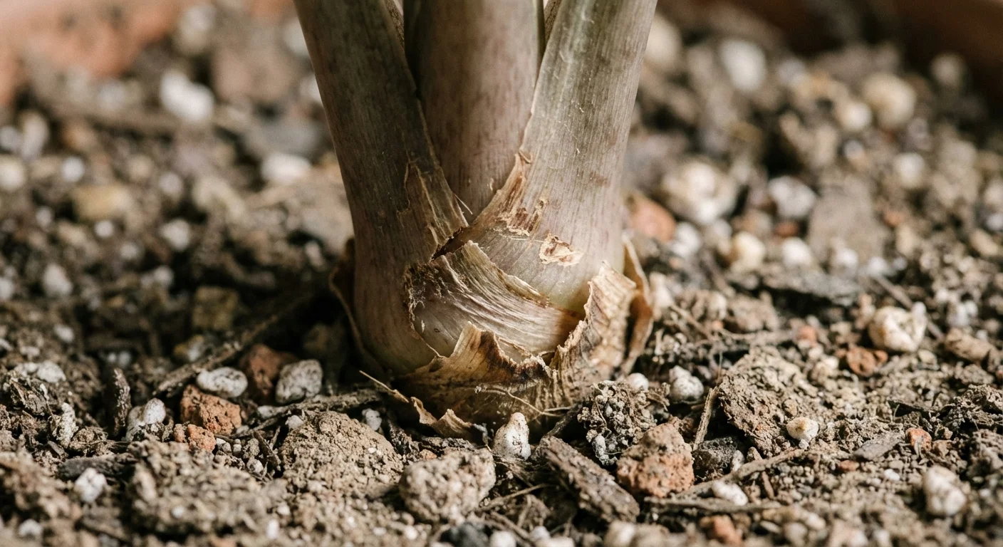 A close-up of an Alocasia plant entering its dormant state.