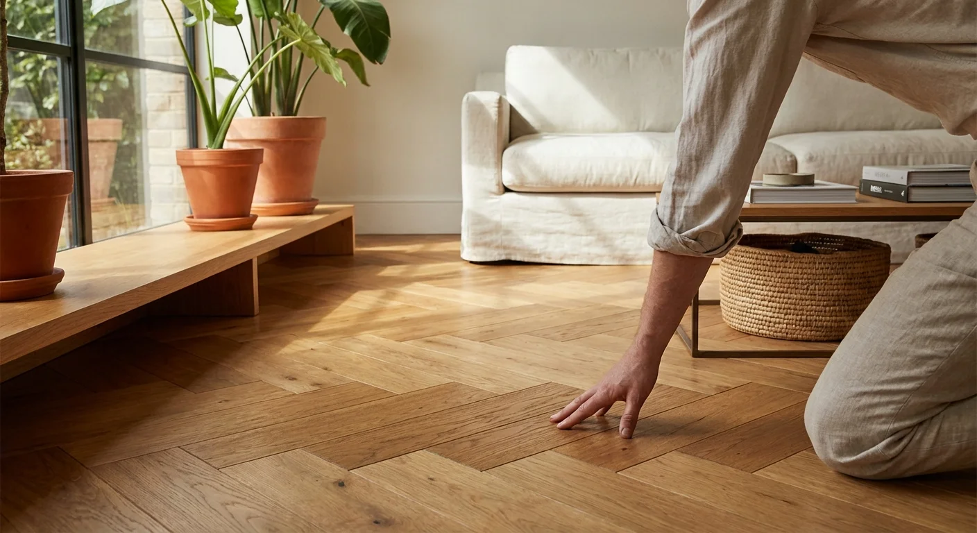 A close-up shot of a person's hand touching a clean, polished wood floor in a bright modern home.