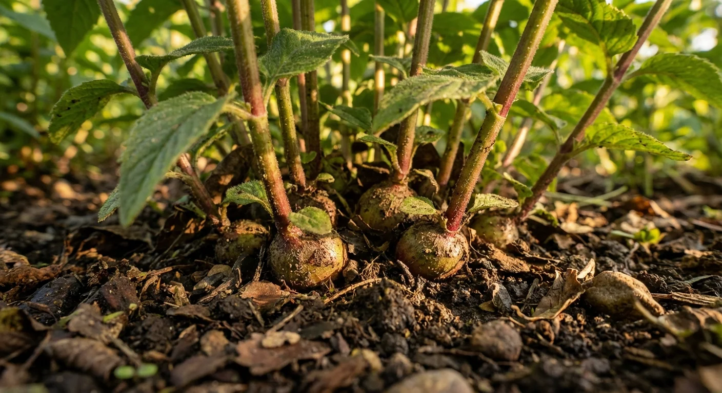 A close-up view of Bee Balm stems emerging from the soil, showing its clumping growth habit.