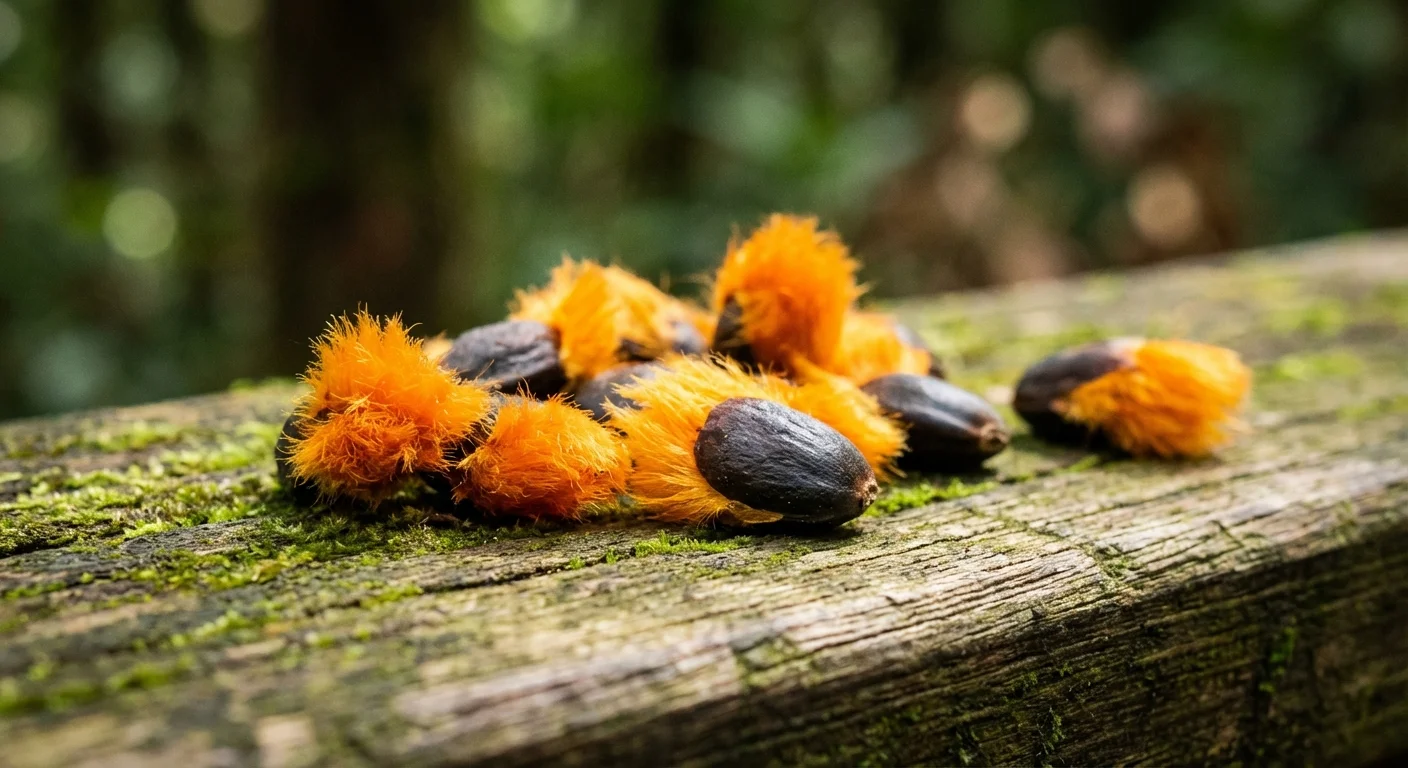 A close-up view of Bird of Paradise seeds with bright orange fuzzy tufts.