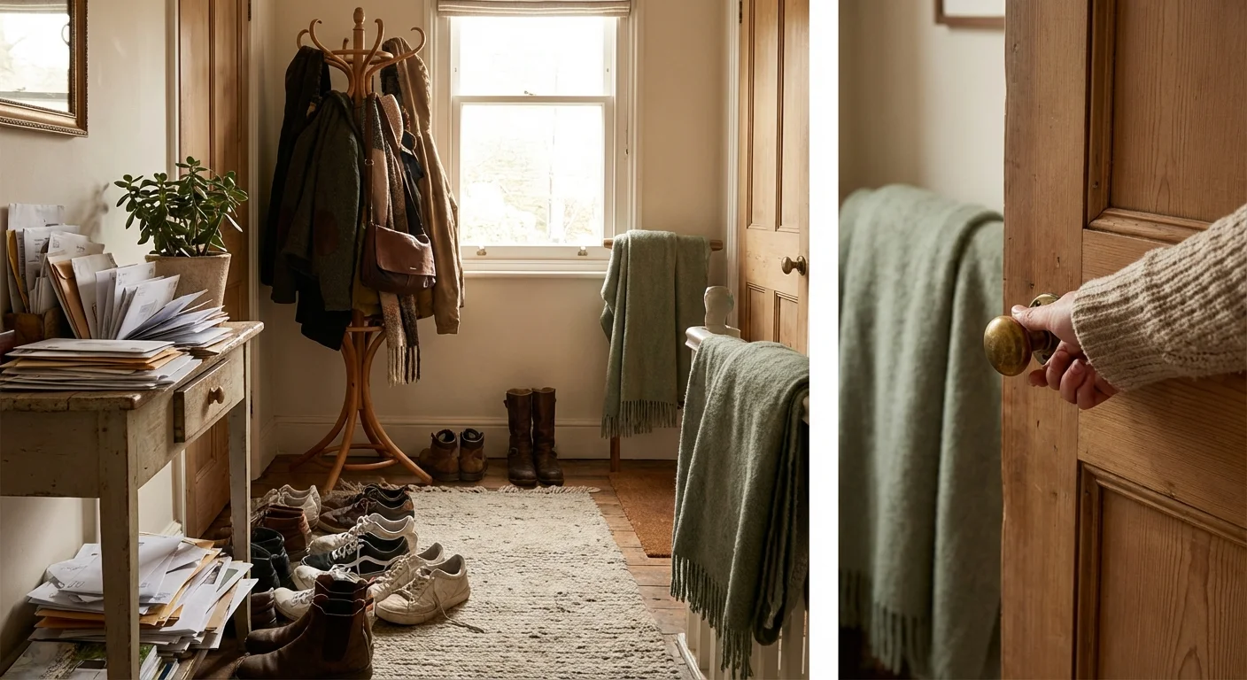 A cluttered home entryway with shoes and coats, showing how a space can feel uninviting.