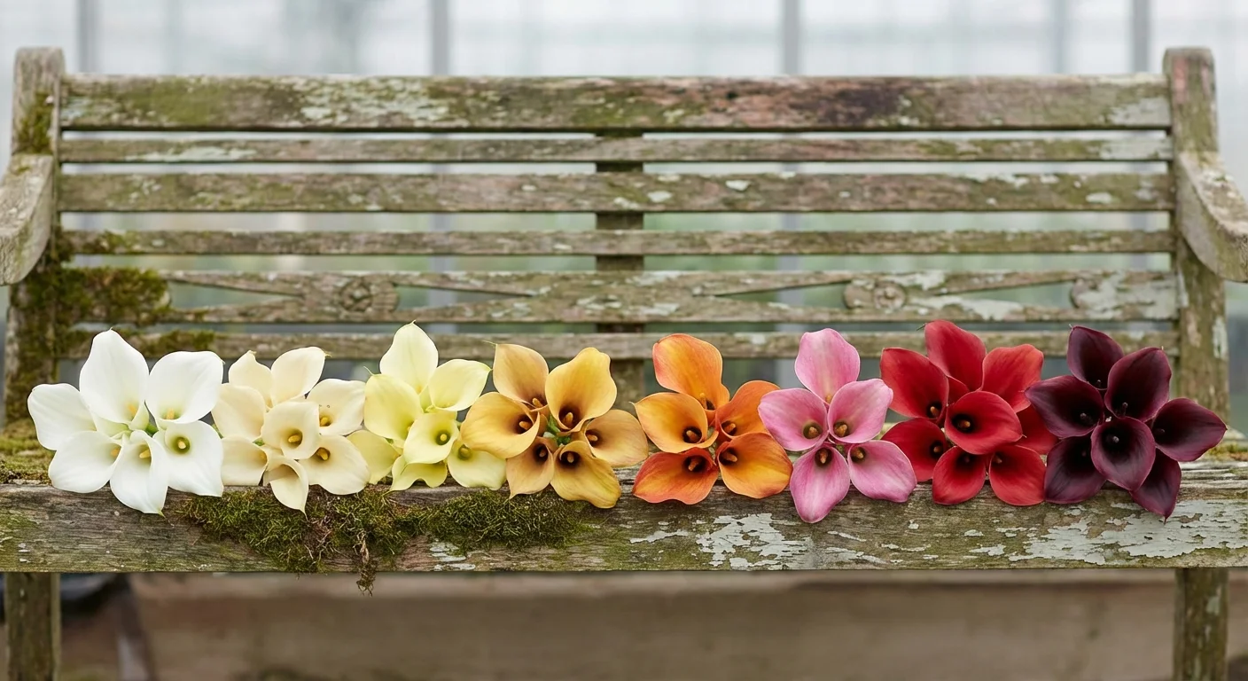 A collection of Calla Lily blooms in various colors arranged in a row.