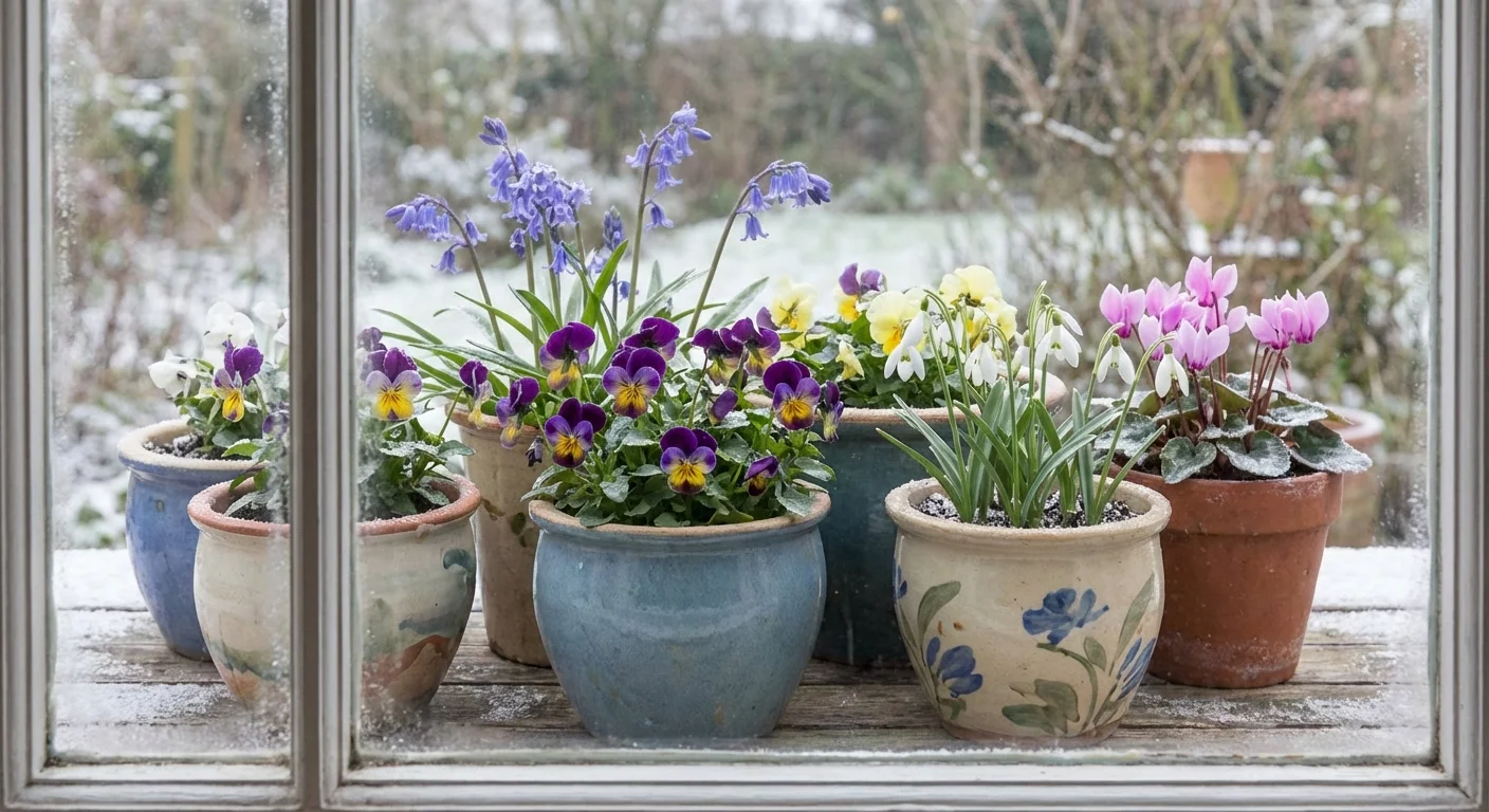 A collection of colorful winter flowers in decorative ceramic pots on a frosty window ledge.