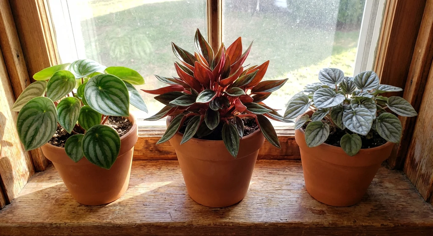 A collection of different Peperomia varieties arranged on a sunlit windowsill.