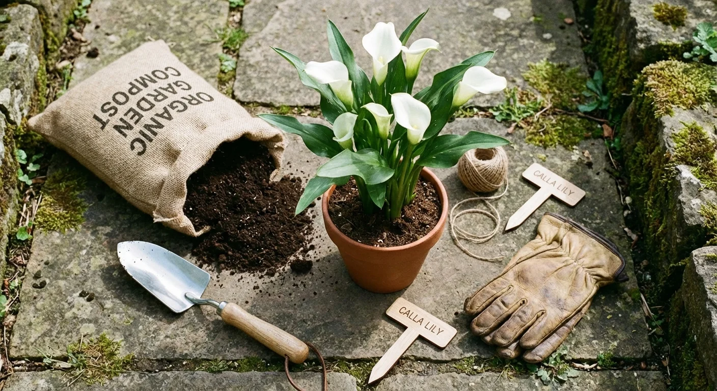 A collection of gardening tools and compost for transplanting lilies.