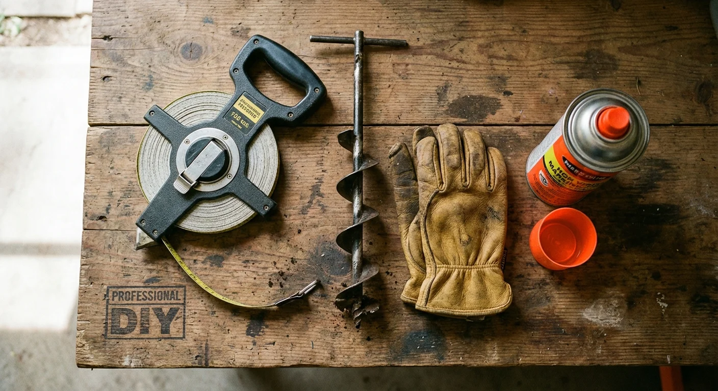 A collection of landscape tools including a measuring tape, soil auger, and work gloves on a wooden table.