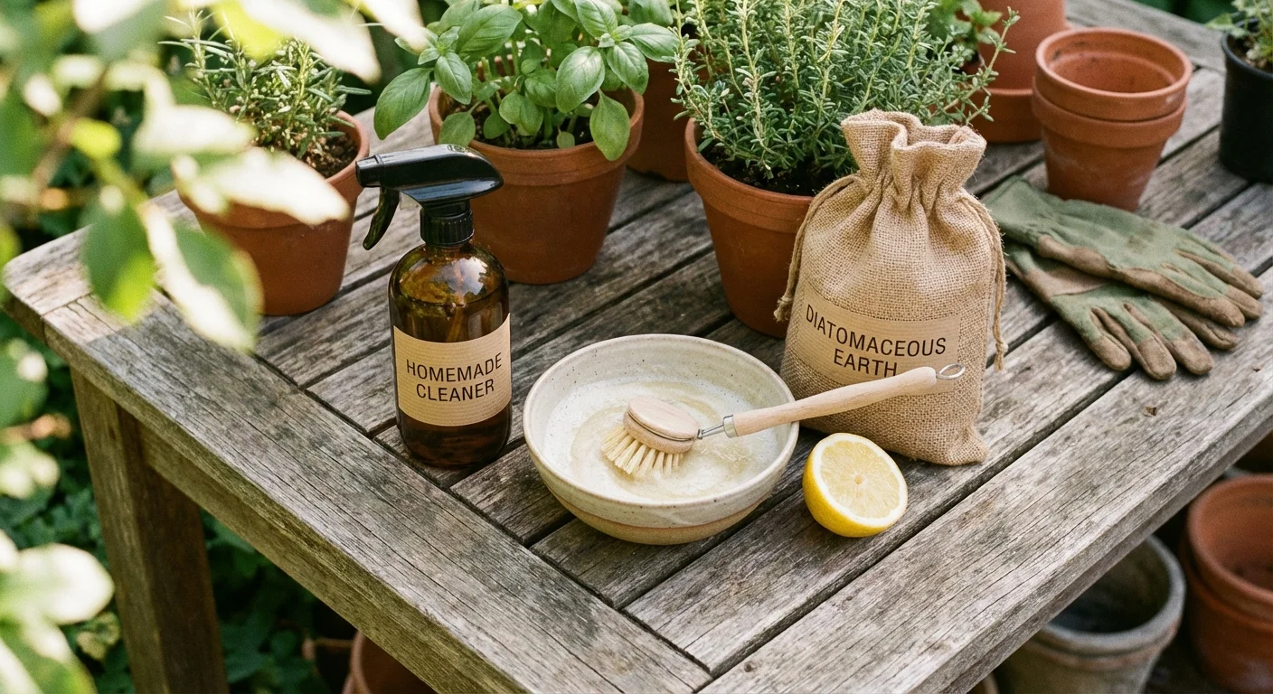 A collection of natural pest control ingredients like soap, lemon, and diatomaceous earth.