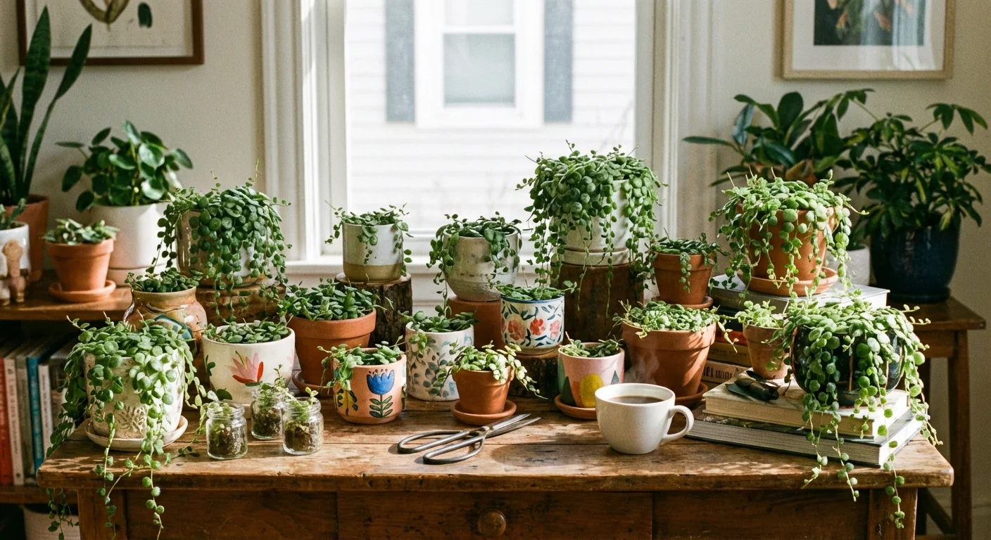 A collection of young String of Turtles plants in various pots on a wooden table.