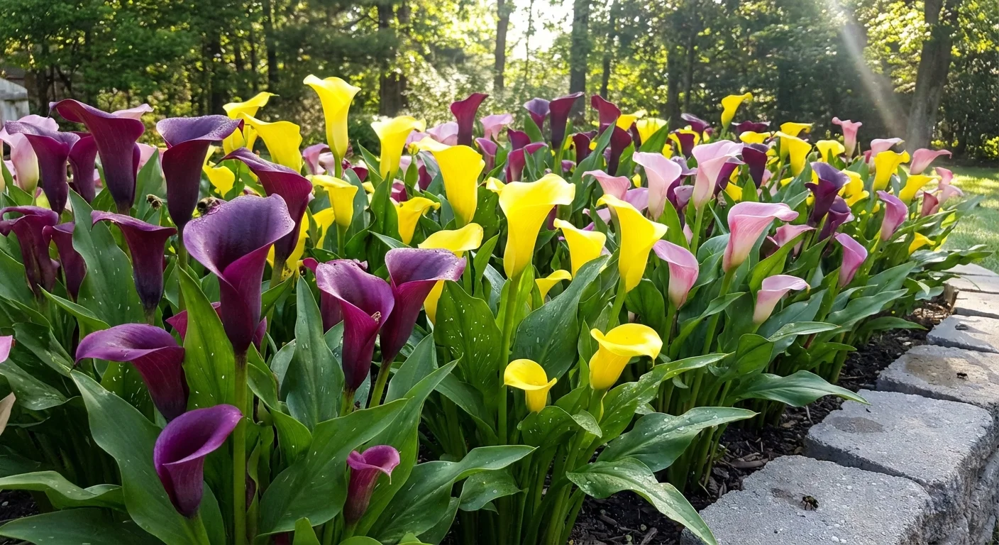 A colorful mix of different Calla Lily varieties in a garden.