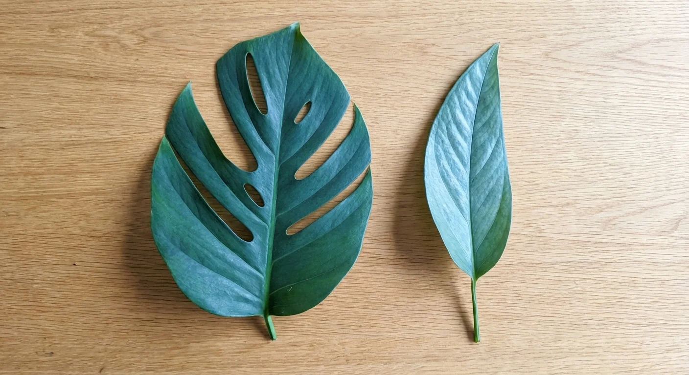 A comparison of a Baltic Blue Pothos leaf and a Cebu Blue Pothos leaf side-by-side.