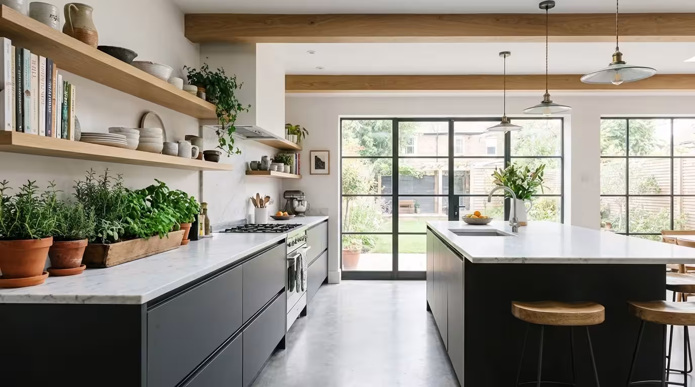 A contemporary kitchen design featuring charcoal grey and wood cabinets with an indoor herb garden.
