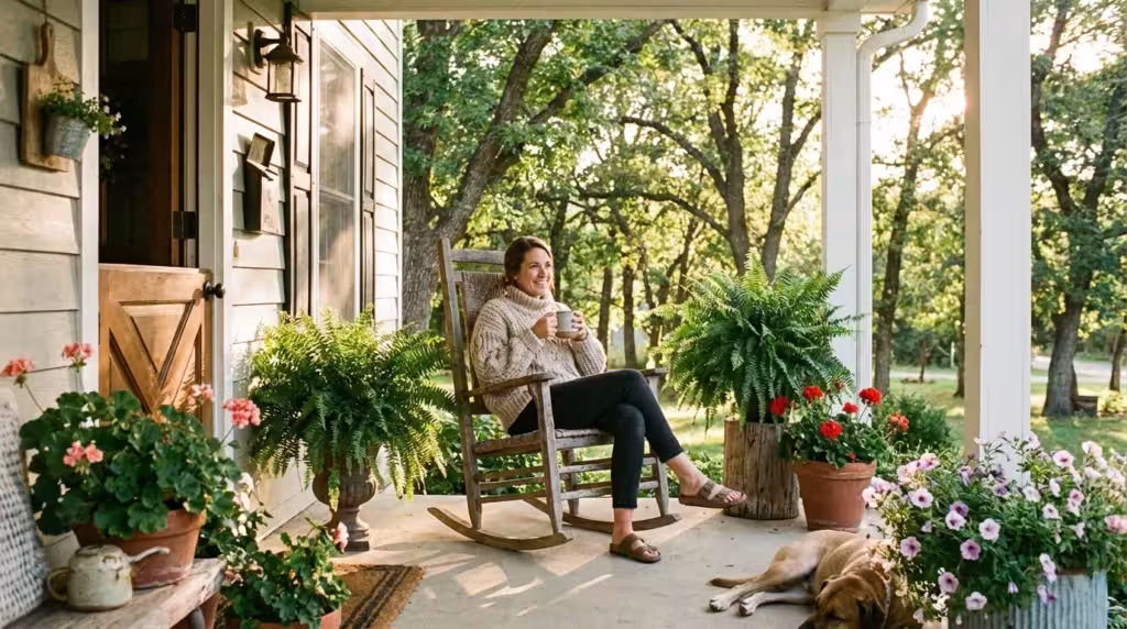 A cozy front porch with a person sitting in a rocking chair surrounded by lush potted plants during golden hour.