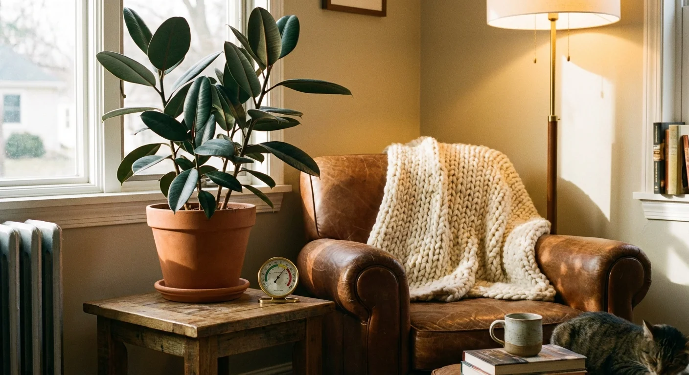 A cozy indoor setting with a Rubber Plant, suggesting a comfortable room temperature.