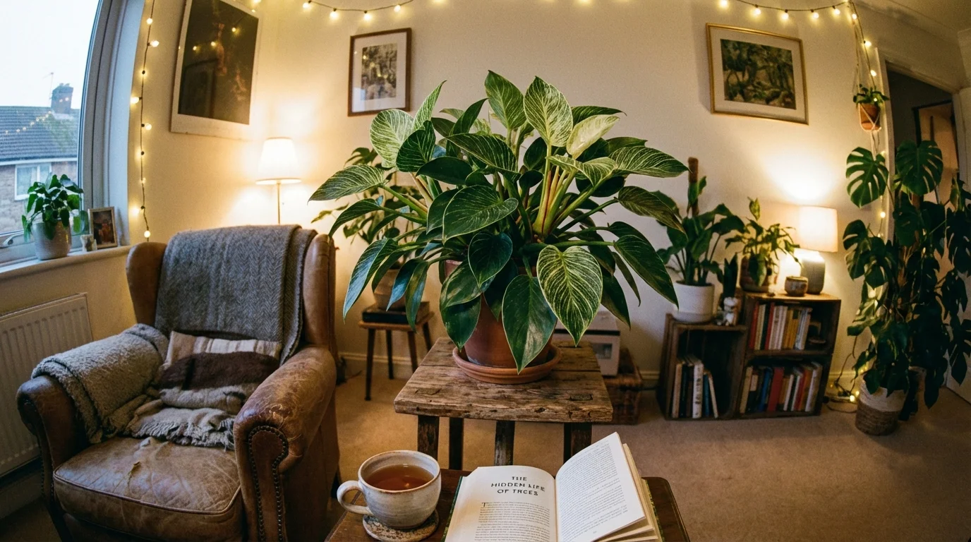 A cozy living room corner featuring a healthy Philodendron Birkin plant on a stand.