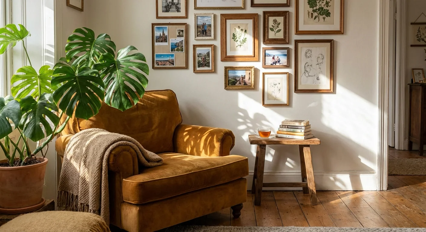 A cozy living room corner with a gallery wall and lush greenery.