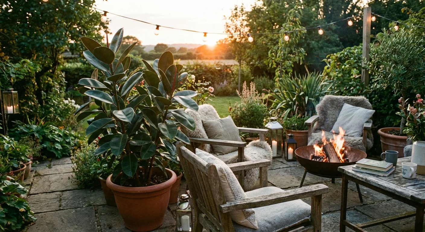 A cozy outdoor patio area featuring a healthy rubber plant during sunset.