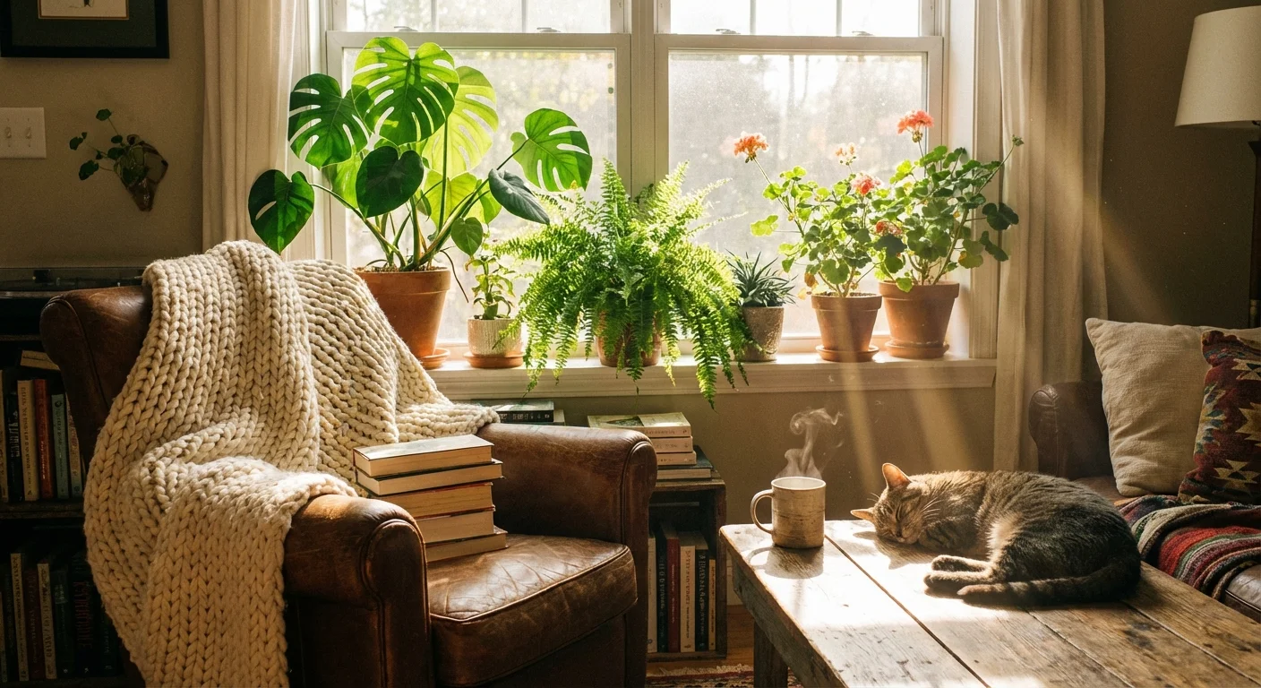 A cozy, sun-drenched reading corner with several healthy houseplants on a window sill.