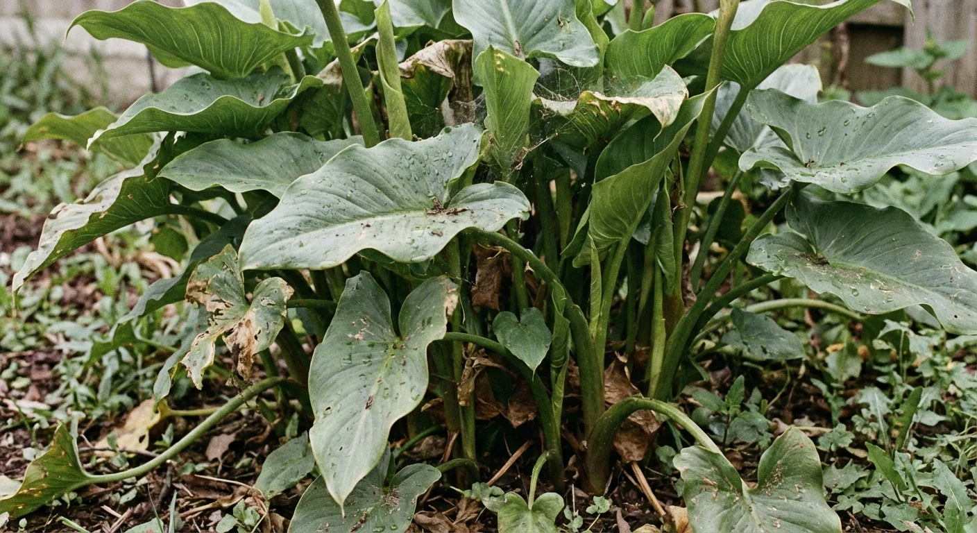 A crowded cluster of calla lily plants needing division in a garden.
