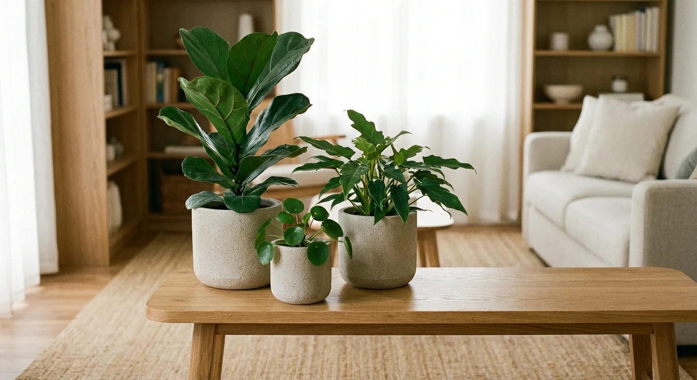 A curated group of indoor plants in matching stone pots on a clean wooden sideboard.