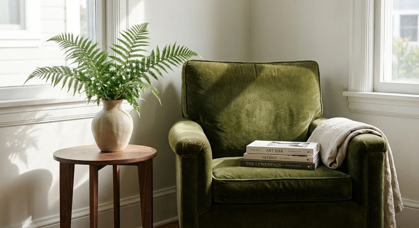 A curated home corner featuring an eclectic mix of textures, a velvet chair, and a fresh plant in a ceramic vase.