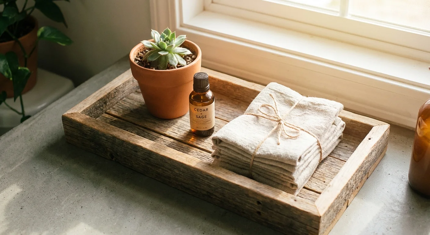 A curated wooden tray on a bathroom counter holding a small plant, oil bottle, and folded hand towels.