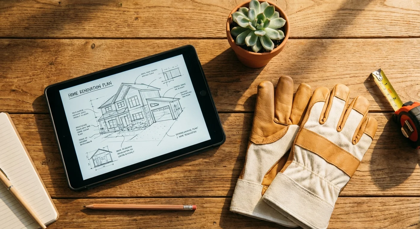 A digital tablet with home plans next to gardening tools on a wooden table.