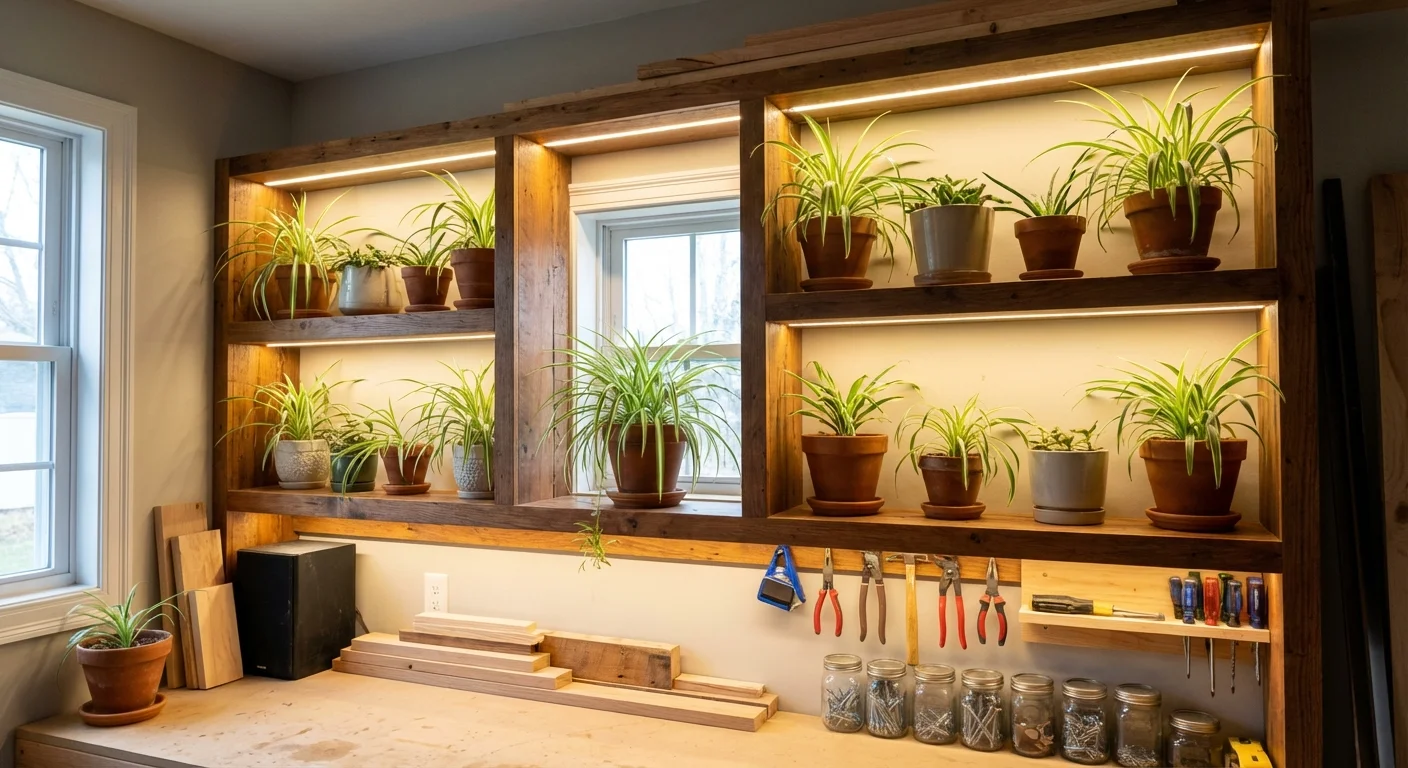 A DIY wooden plant shelf with built-in lights for spider plants.