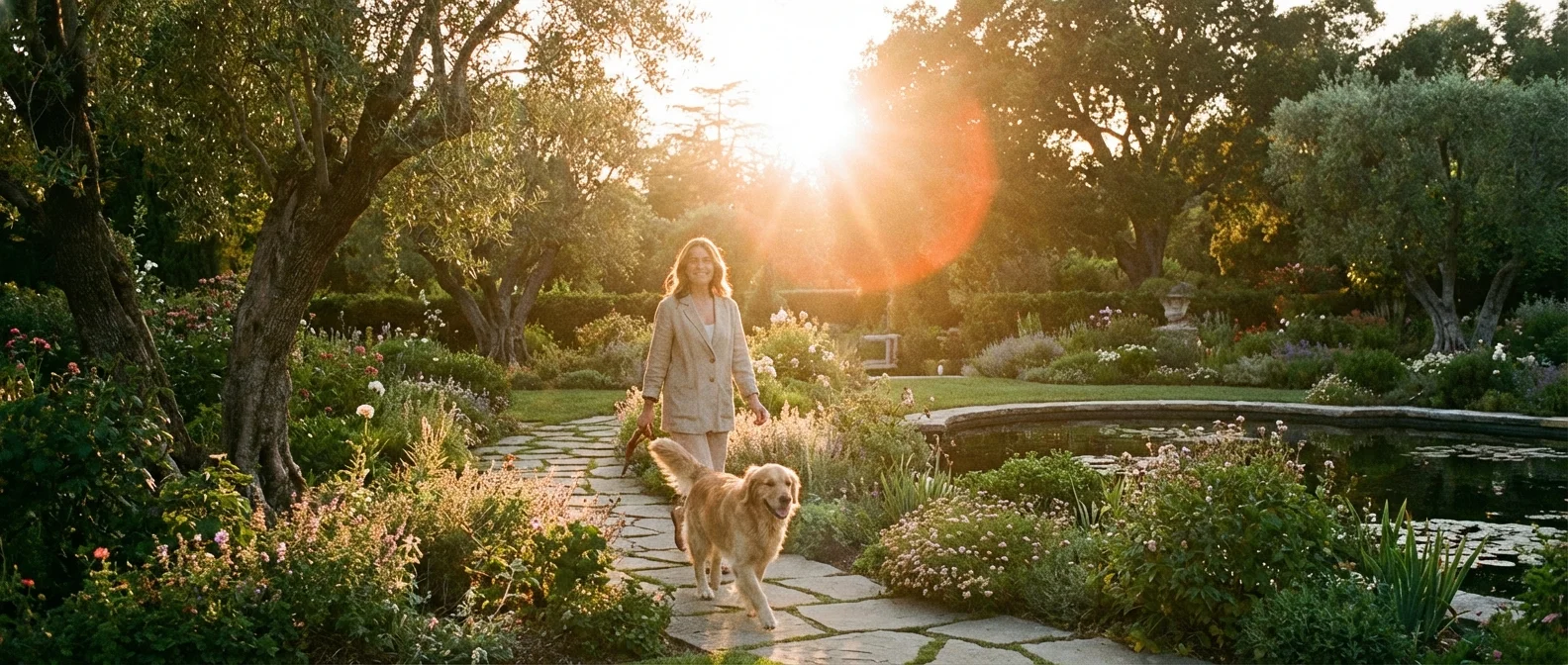 A dog and its owner walking together in a sunny, peaceful garden.