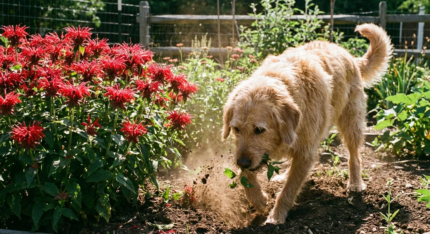 A dog exploring a garden bed filled with red flowers.