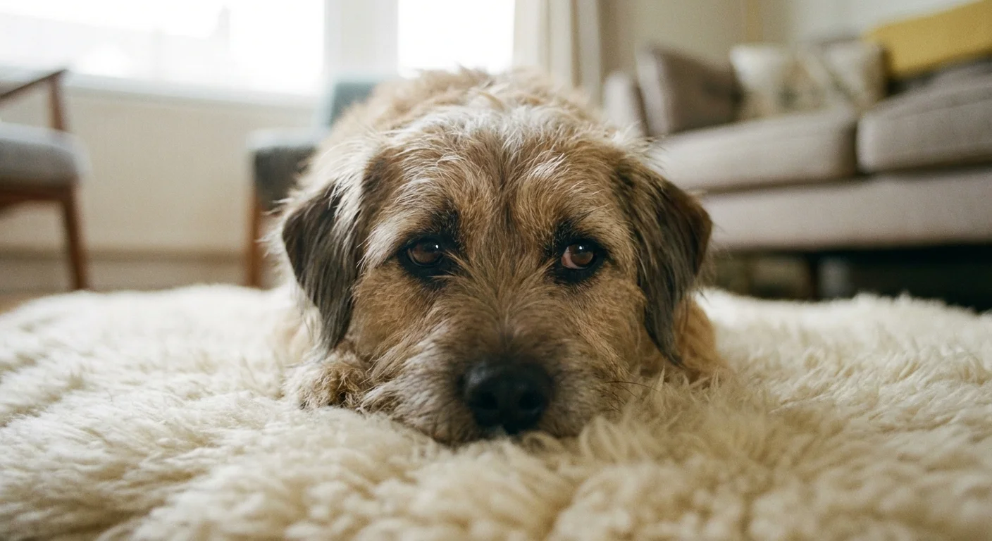 A dog lying down on a rug looking tired and unwell.