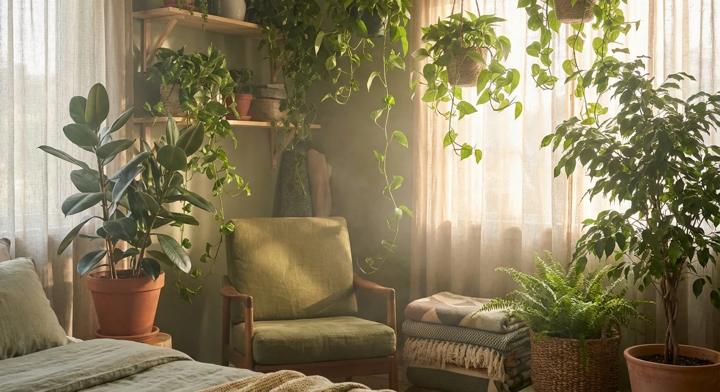 A dreamy bedroom corner filled with a variety of lush green plants and soft, golden sunlight.