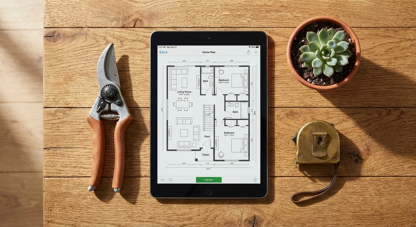 A flat lay of gardening tools, a tablet with a floor plan, and a measuring tape on a wooden table.