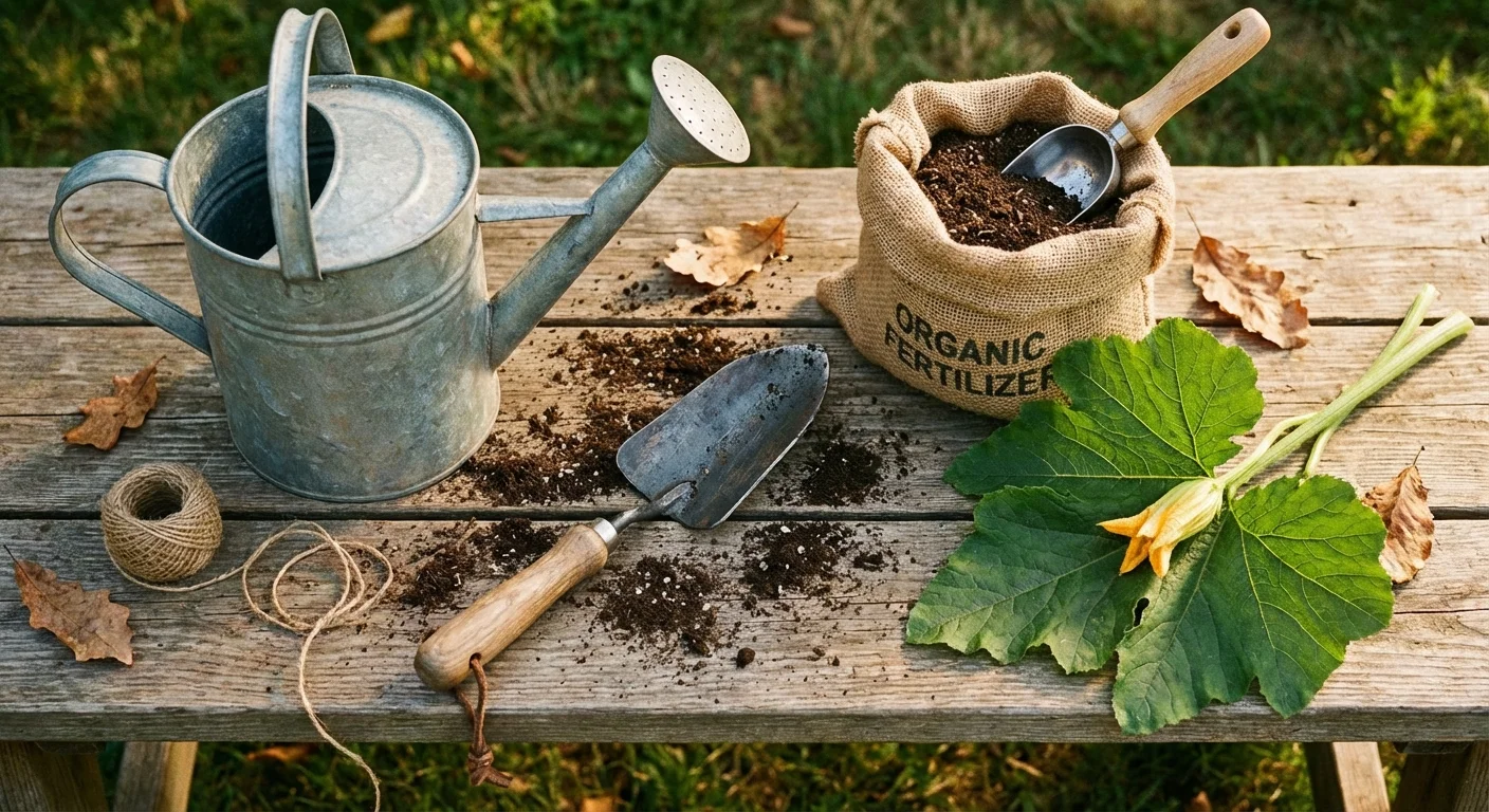 A flat lay of gardening tools and a green zucchini leaf on a rustic wooden surface.