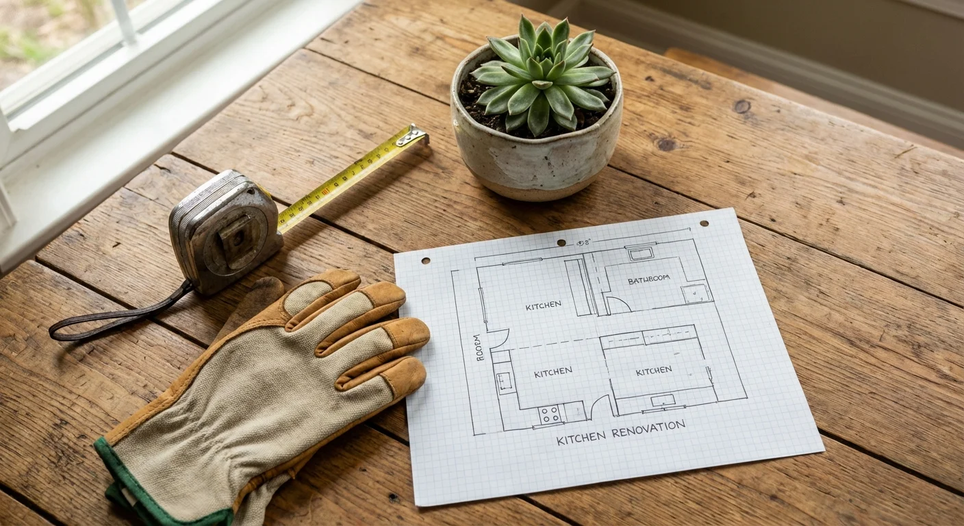 A flat lay of kitchen renovation plans, a tape measure, and a small plant on a wooden table.