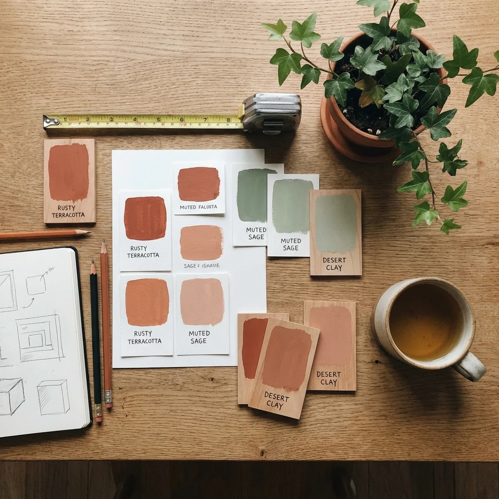 A flat-lay of paint swatches, a measuring tape, and a small plant on a wooden workspace.
