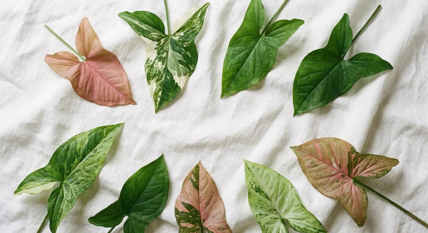A flat lay of various Arrowhead plant leaves on a white fabric background.