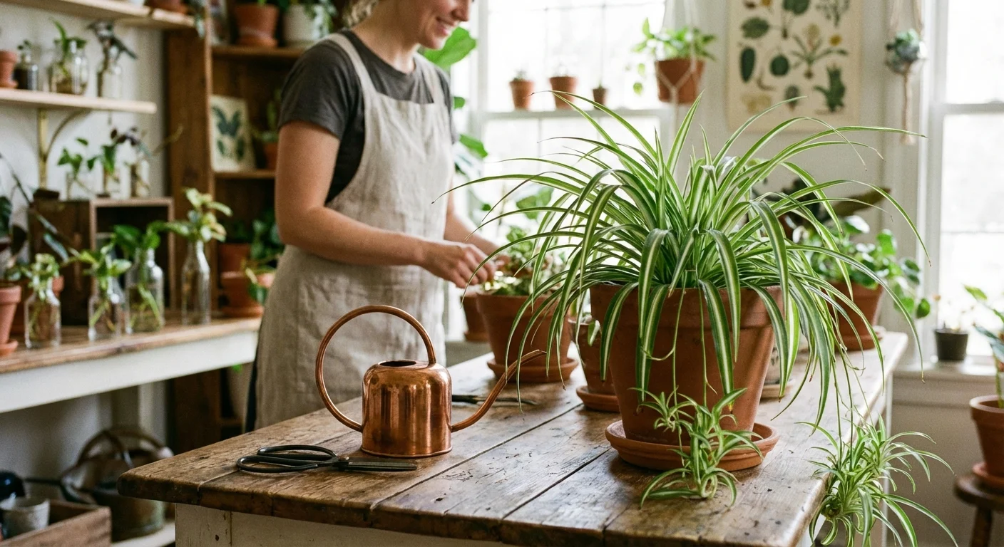 A flat lay style photo of plant care tools next to a spider plant on a wooden surface.