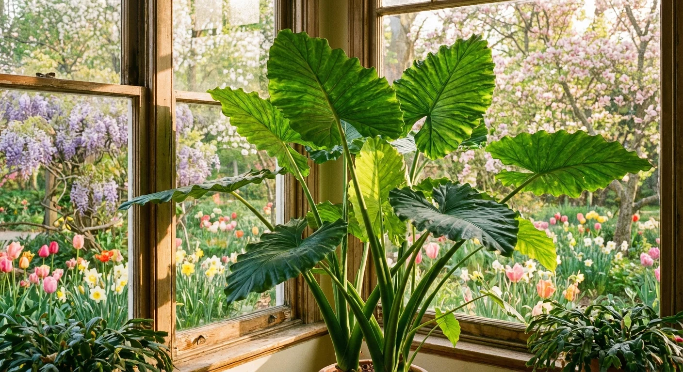 A flourishing Alocasia plant in front of a sunny spring window.