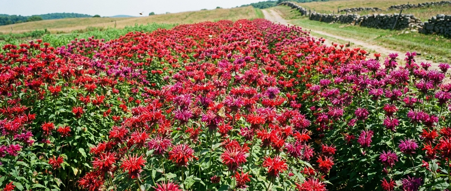 A flourishing patch of Bee Balm in full bloom with pollinators nearby.