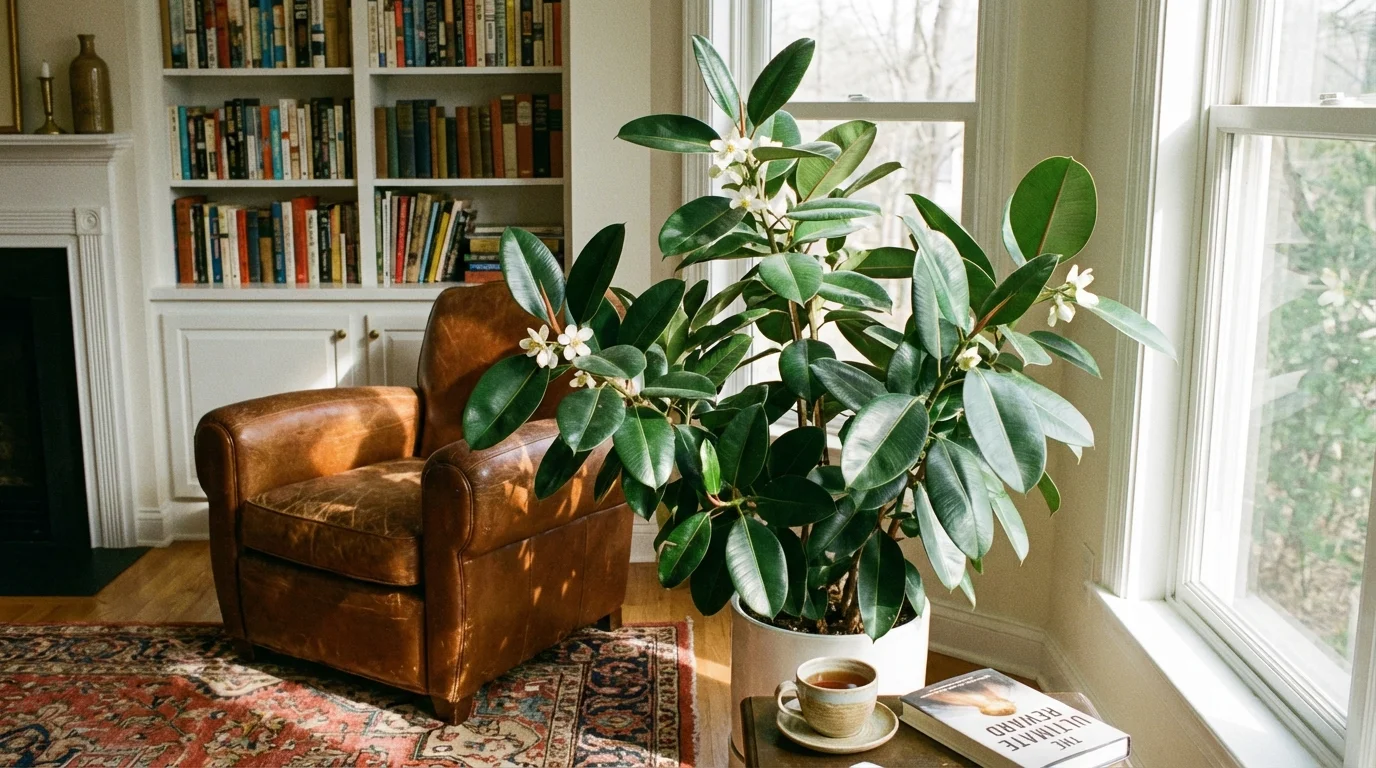 A flowering rubber plant in a cozy home reading corner.