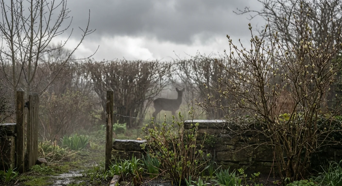 A garden at dusk with a soft-focus deer in the distance, showing the proximity of wildlife to plants.