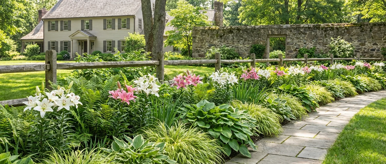 A garden bed showing the proper spacing between lily plants.