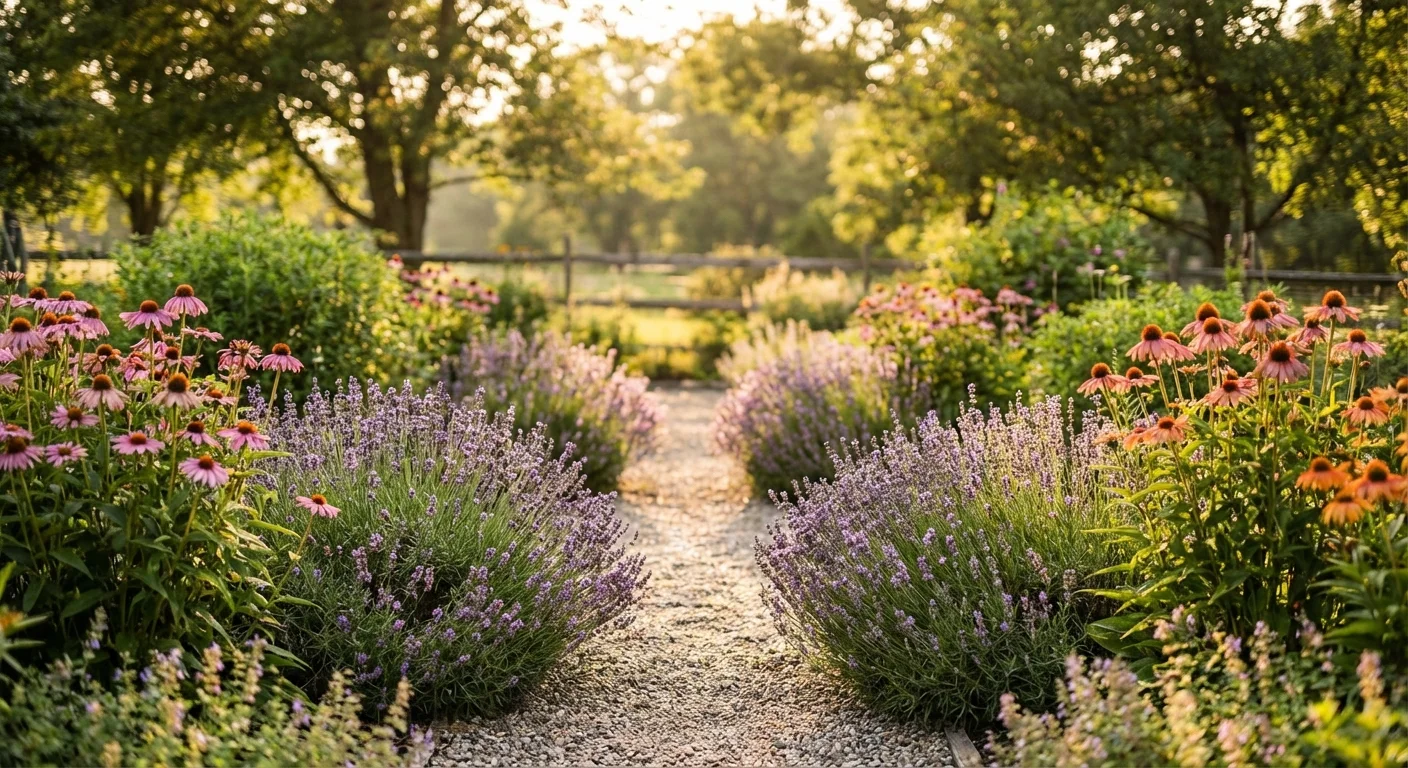 A garden path lined with lavender and purple coneflowers as alternatives to Bee Balm.